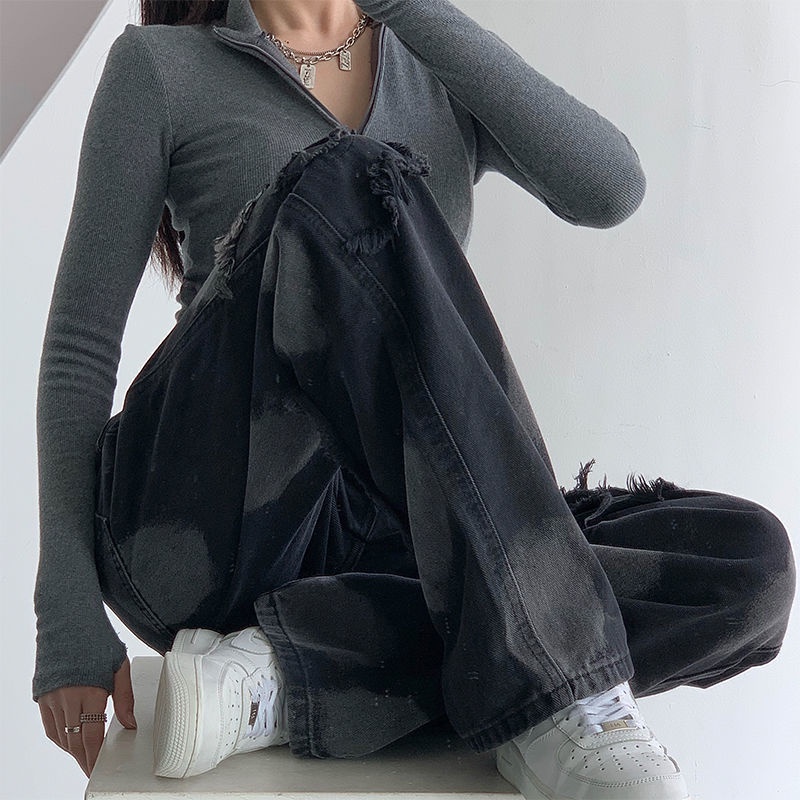 Quần dài ống rộng phong cách đường phố Âu Mỹ thời trang mùa thu cho nữ size lớn