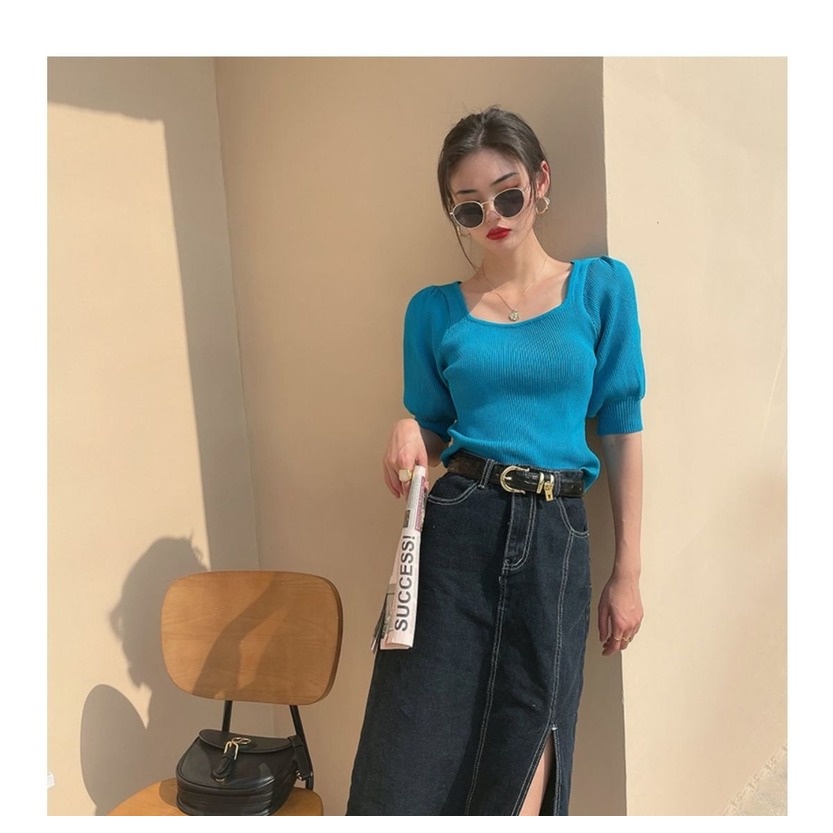 Áo dệt kim tay ngắn cổ vuông thiết kế mới thời trang mùa hè dành cho nữ