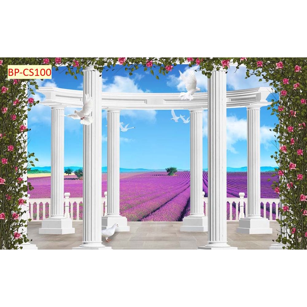 Tranh dán tường cửa sổ phong cách lâu đài, thác nước 3D