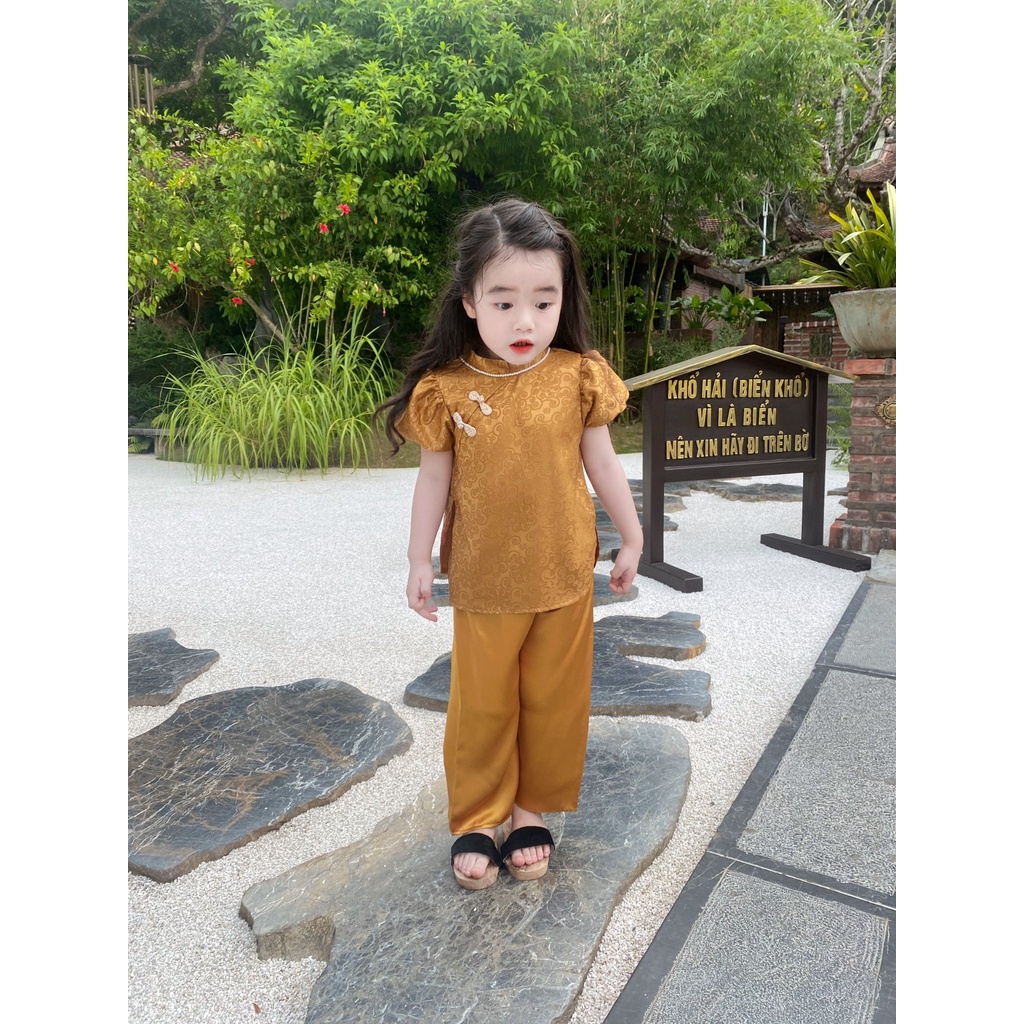 Đồ Lam Đi Chùa Bé - Bộ Đi Lễ Chùa Nữ Lụa Gấm Nổi Cao Cấp Hồng Kông Tay Phồng - BÉ-AL028