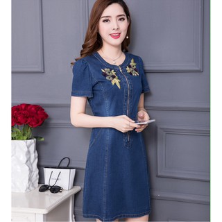 Đầm Jean Nữ Ngắn Tay Thêu Hoa Duyên Dáng