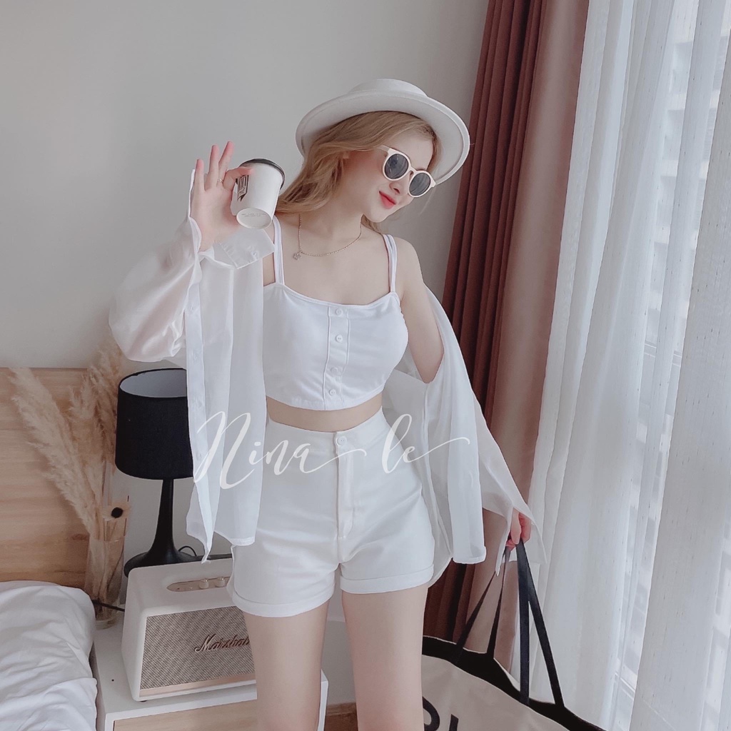 Set 3 món áo sơ mi, quần sort, áo 2 dây có mút ngực