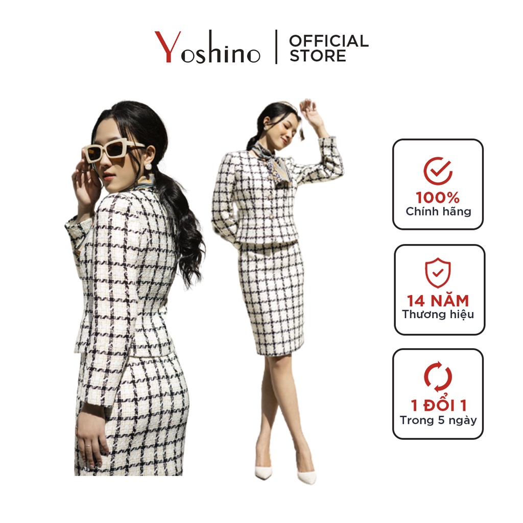 [Mã LT200 giảm 200K đơn 699K] Set Áo Vest Dạ Text Sang Trọng Nữ YOSHINO Họa Tiết Kẻ Hiện Đại 113989113