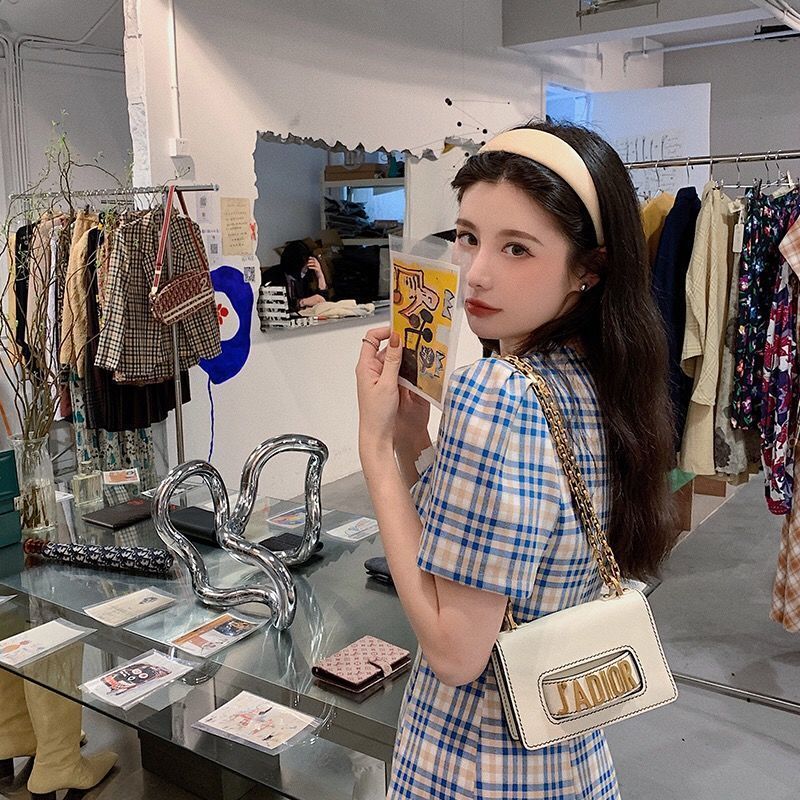 New Snapping up&Sweet French Retro Waist Slimming Puff Sleeve Plaid Dress Female Summer New Square CollaraWord Skirt | BigBuy360 - bigbuy360.vn