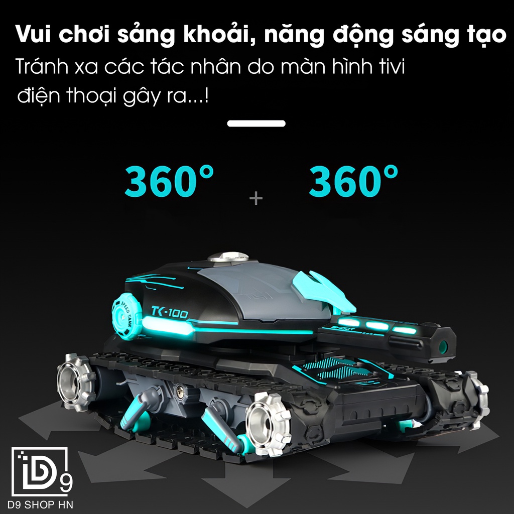 Xe tăng điều khiển 2.4G có đèn và nhạc, Đồng hồ cảm biến, Xoay 306 độ, Tặng đầy đủ phụ kiện, D9 Shop