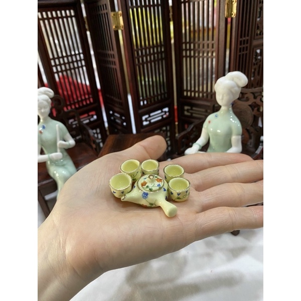 Bộ ấm trà kiểu Nhật tí hon 6 món gốm sứ để trang trí