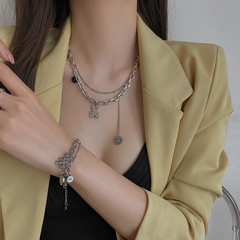 OIMG  Vòng Tay Thép Titan Mạ Bạc Hai Lớp Hình Mặt Cười / Gấu Cho Nữ