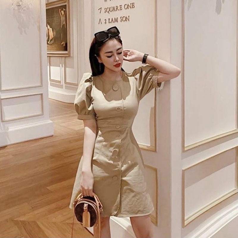 Đầm tiểu thư công sở du lịch tay phồng nút bọc dáng ngắn