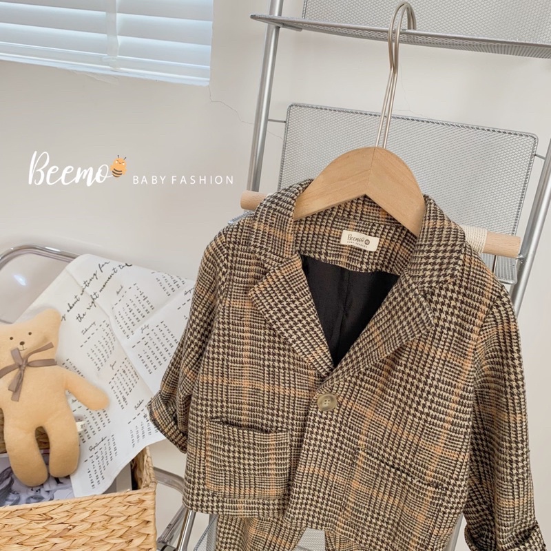 set vest dạ kẻ màu nâu Tây