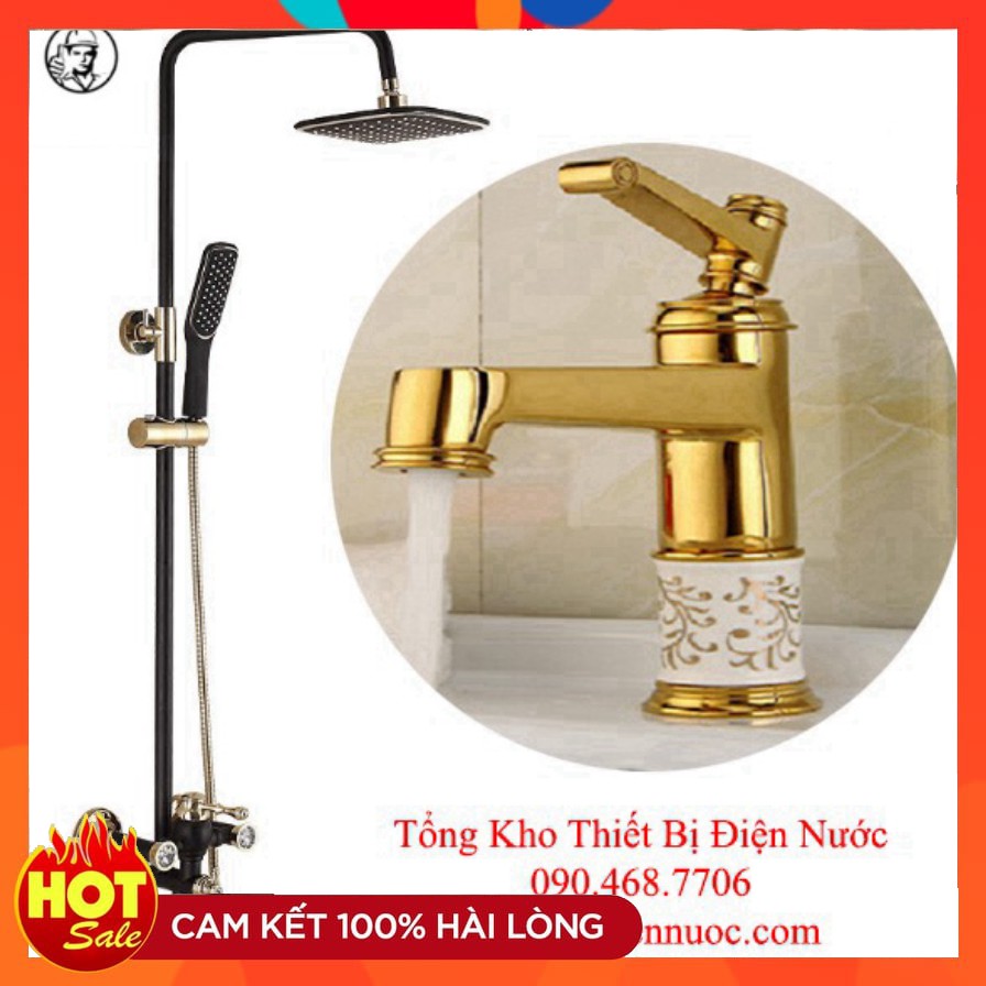 Combo bộ sen cây tắm GIORMANI đính đá kèm vòi chậu lavabo vàng đen cao cấp SC08-SNL23