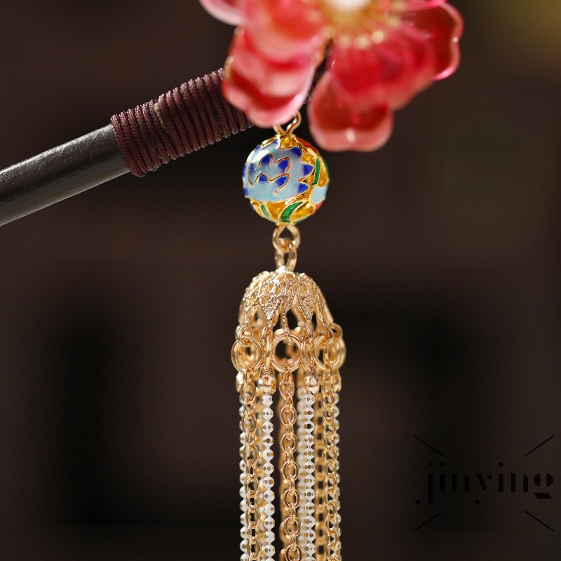 Trâm cài tóc GETNOIVAS hình hoa pha lê đỏ phối tua rua phong cách cổ trang Trung Hoa