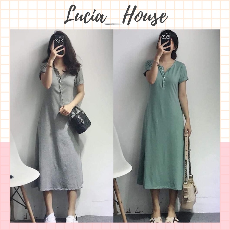 Váy xuông dài qua gối Lucia 3 màu - Đầm chữ A chất cotton thấm hút mồ hôi không lộ bụng V11