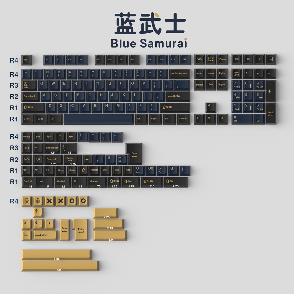 Keycap CMK Blue Samurai 173 nút bàn phím cơ in doubleshot màu đẹp, cherry profile