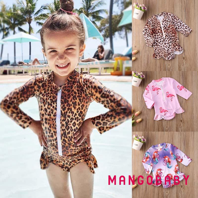 ♬MG♪-1-6Years Baby Girls Swimwear Cute Floral Print Round Neck Long Sleeve One-Piece Swimsuits