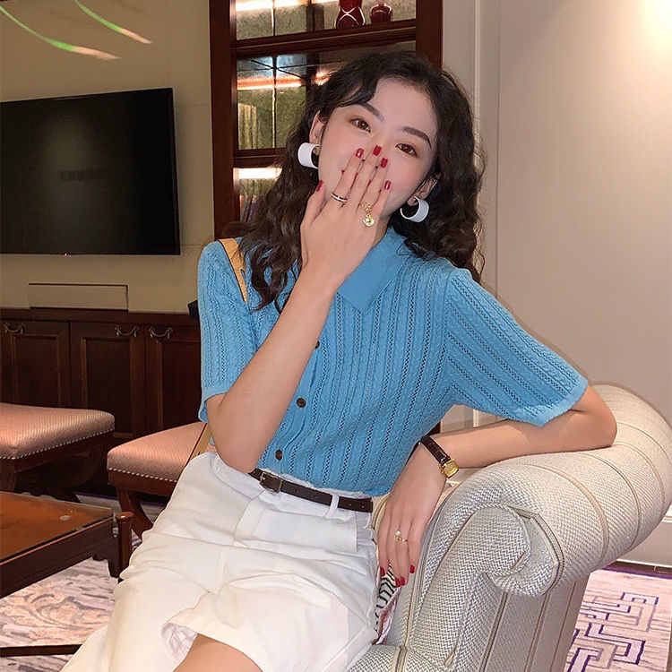 Áo sweater Dệt Kim Mỏng Cổ polo Đục Lỗ Kiểu retro Hàn Quốc Đơn Giản Thời Trang