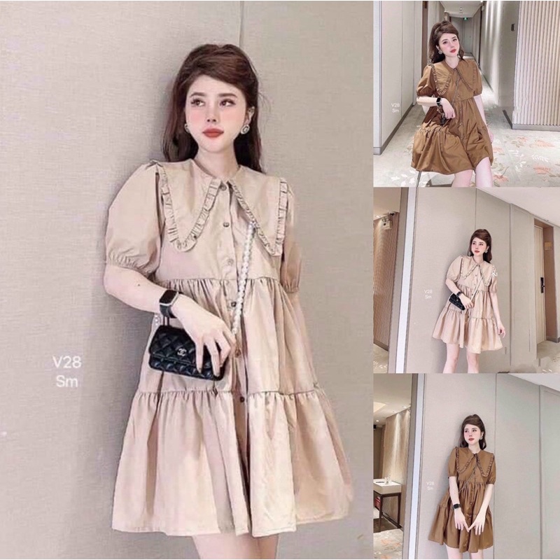 Đầm babydoll kate lụa cổ nhọn bacis