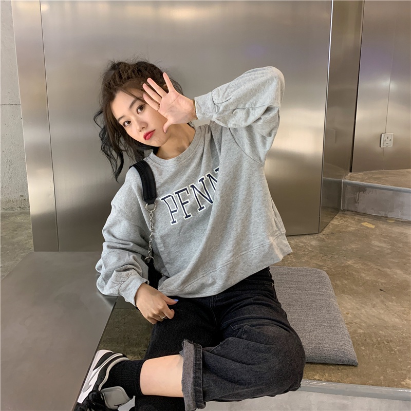 Áo Sweater Dáng Rộng Cổ Tròn In Chữ Kiểu Retro Hàn Quốc Thời Trang Mùa Thu Cho Nữ