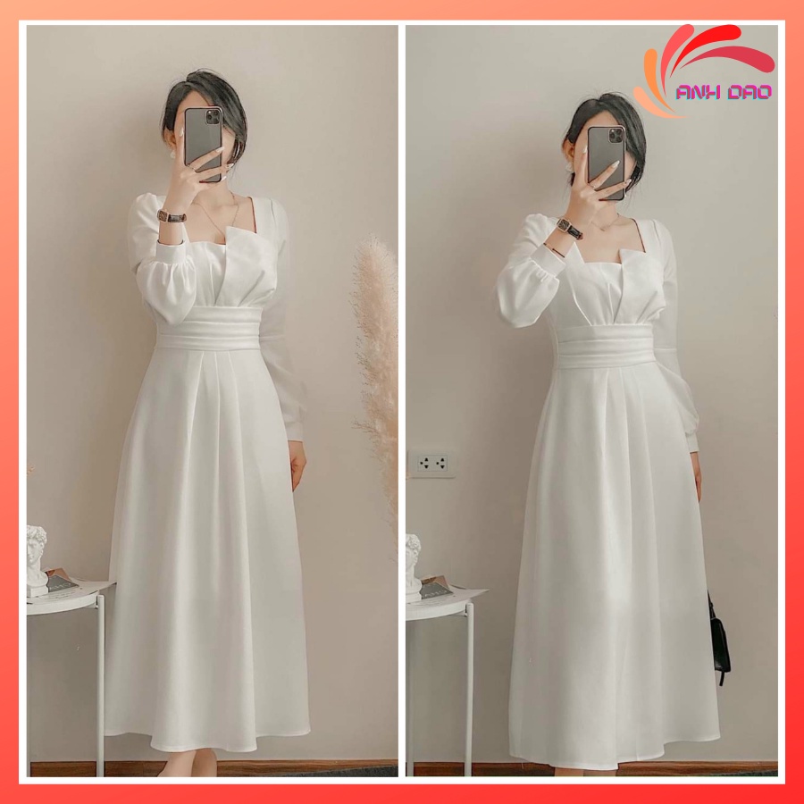 Váy đầm Vintage dự tiệc sang trọng đầm maxi ngực xẻ tay dài chất cotton Nhật đẹp V0034 màu trắng đỏ DENI DRESS