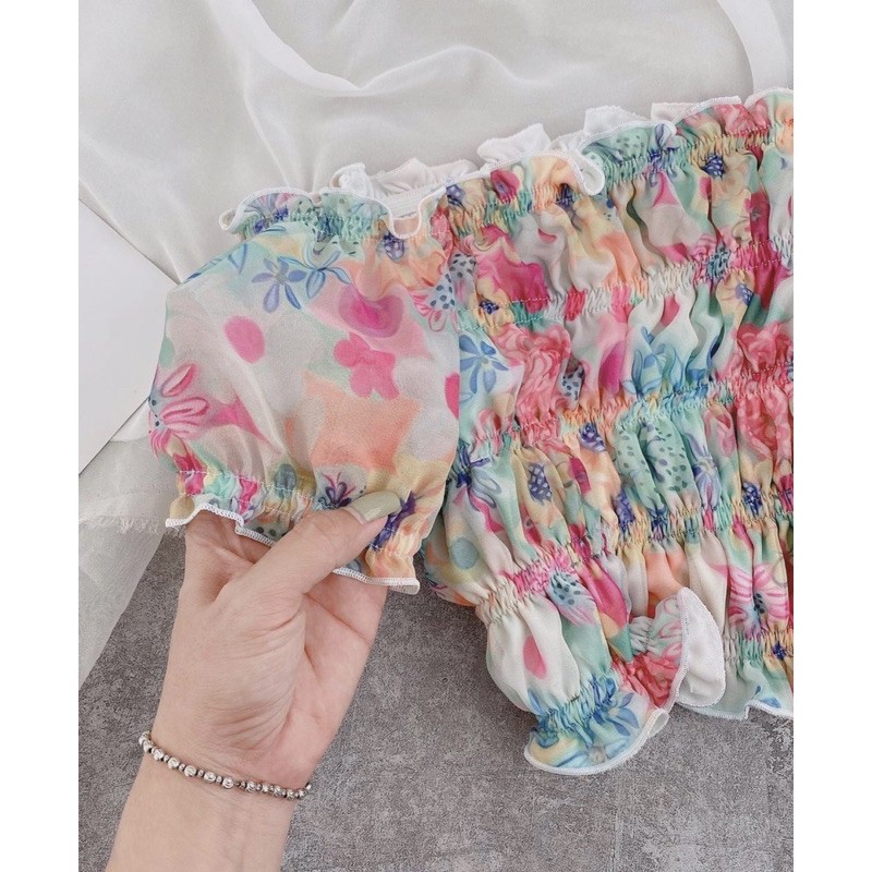CROPTOP HOA BẸT VAI NHÚN CHỈ HOA