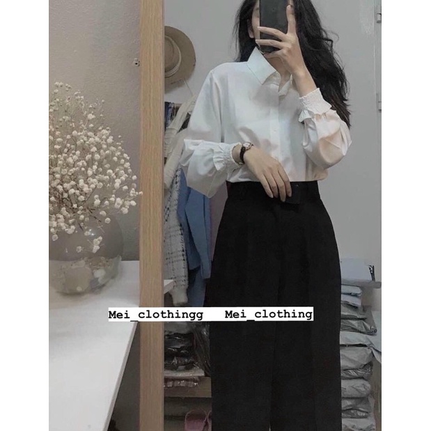 [Ảnh thật/video] Áo sơmi trắng cổ bẻ rúm cổ tay/ sơ mi nữ basic bo chun tay