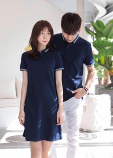 Áo đôi: Áo đầm form suông + Áo thun polo nam