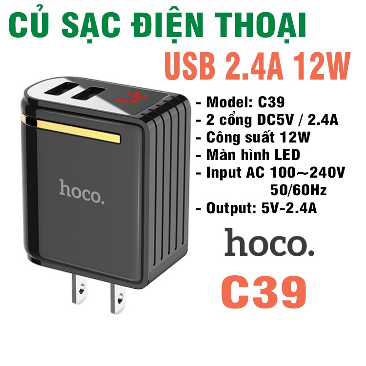 Củ sạc điện thoại Sạc Nhanh 2 Cổng 2.4A Đèn Led 12w Hoco C39