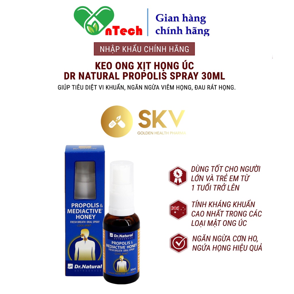 Xịt họng keo ong Dr.Natural hỗ trợ sát khuẩn vệ sinh răng miệng ngăn ngừa các vấn đề về đường hô hấp chai 30ml