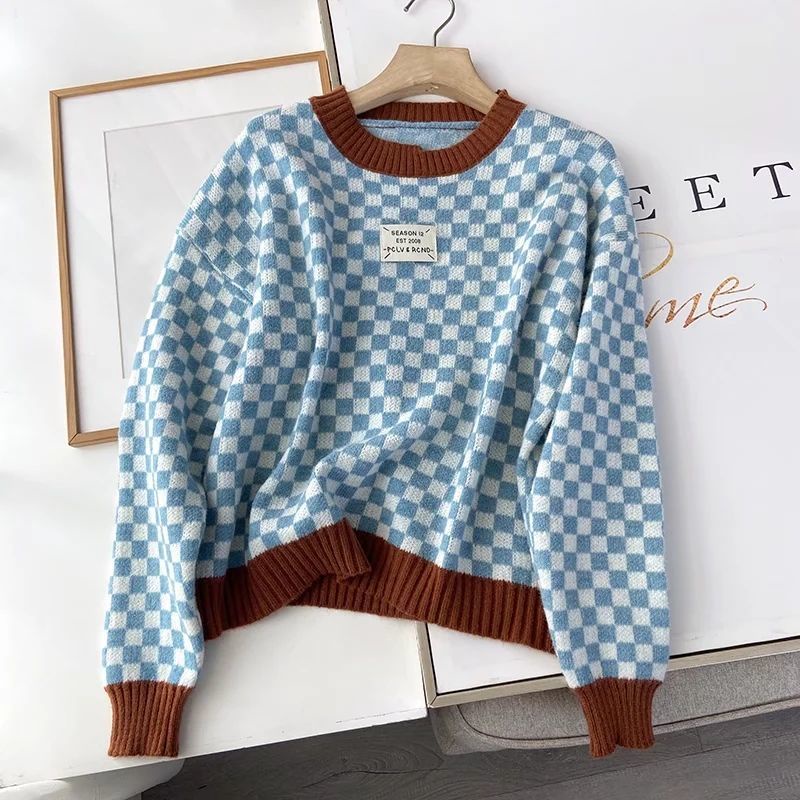 Áo Sweater Dệt Kim Tay Dài Cổ Tròn Màu Sắc Tương Phản Phong Cách Hàn Quốc Thời Trang Thu Đông Cho Nữ