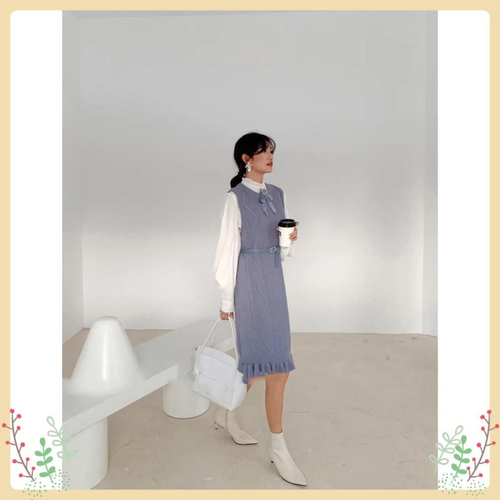 Đầm Len Lury, Set Váy Len Dáng Ôm Kết Hợp Sơ Mi Tặng Kèm Đai, Nơ Cài Váy, Hàng Quảng Châu Cao Cấp Siêu Hot