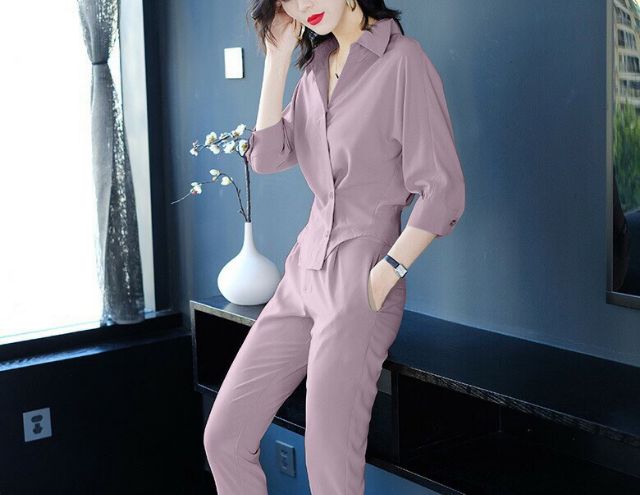 Hàng nhập - Set bộ nữ nút lệch có S, bộ quần áo công sở văn phòng