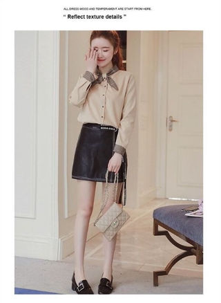 Áo sơ mi nữ da lộn phối nơ cổ HÌNH THẬT