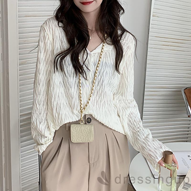 Áo nữ tay dài cổ chữ V cài nút màu sắc thời trang