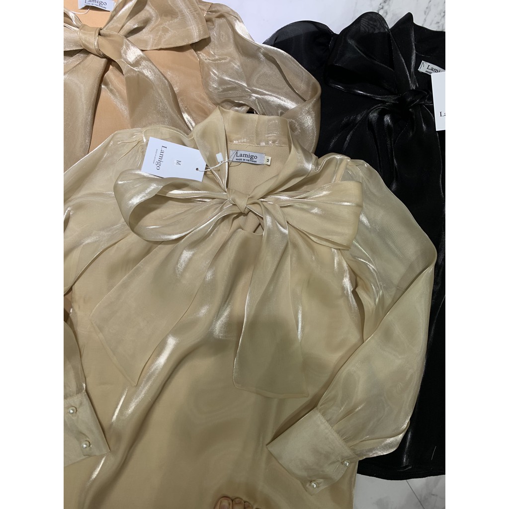 áo sơ mi tơ sống cổ nơ to bản 2 lớp- vải organza | BigBuy360 - bigbuy360.vn