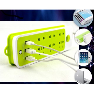 ổ cắm điện có cổng usb 6 lỗ cắm, 3 cổng sạc pin (Xanh lá)