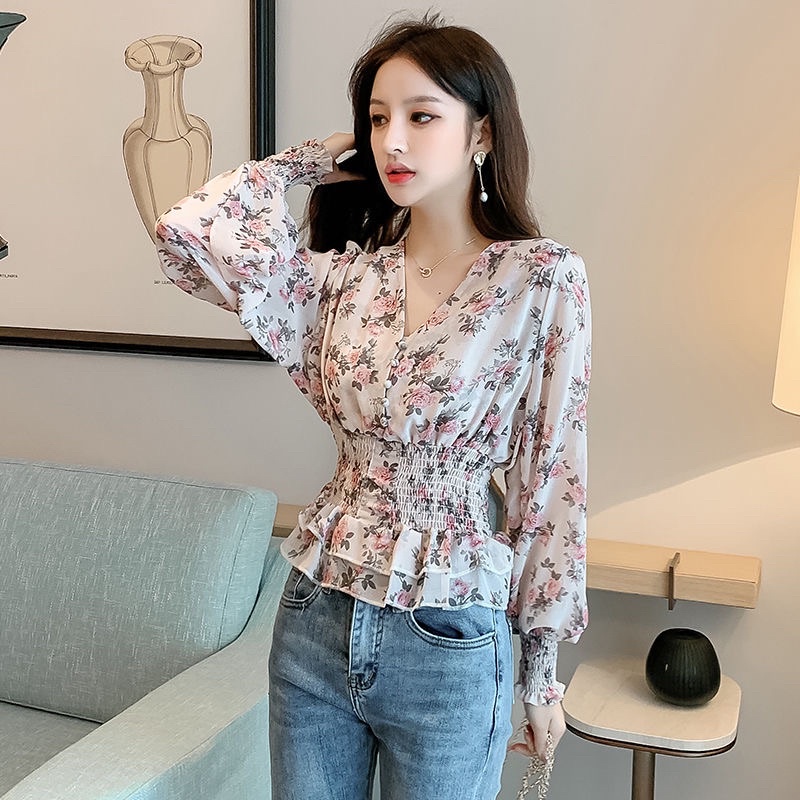 Áo Voan Hoa Tay Bồng Bo Chun Eo Dáng Peplum