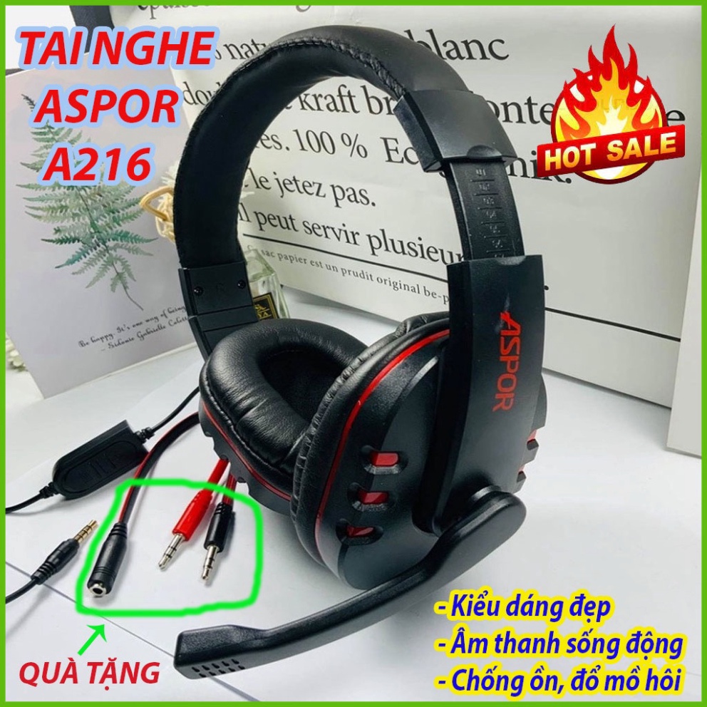 Tai Nghe Chụp Tai Aspor A216, Kèm Micro, Tặng Jack Cắm - PC - Laptop - Nghe Rõ Từng Tiếng Động - Bảo Hành 24 Tháng