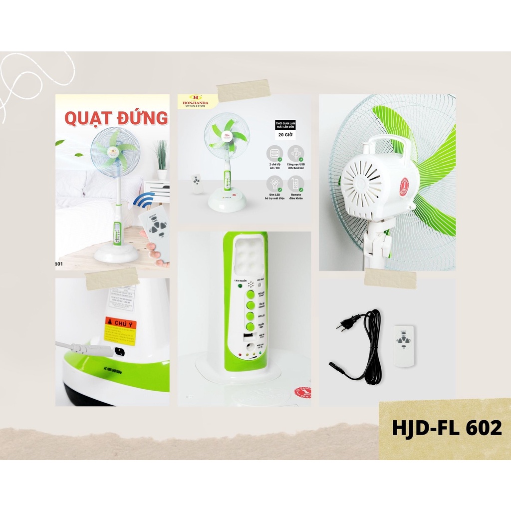 QUẠT ĐỨNG SẠC TÍCH ĐIỆN AC/DC HONJIANDA HJD FL 601/FL602 - CÓ ĐÈN LED VÀ USB