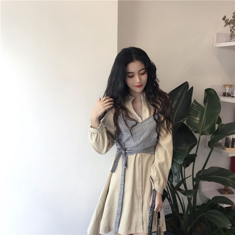 Xiaozhainv Đầm tay dài eo cao thời trang phong cách Hàn Quốc | BigBuy360 - bigbuy360.vn