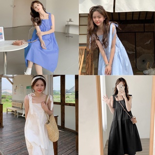 SUV003 Váy babydoll dáng dài 2 dây bản to thắt nơ xanh trắng form rộng Đầm bầu hai dây maxi 2 tầng buộc dây trơn suông