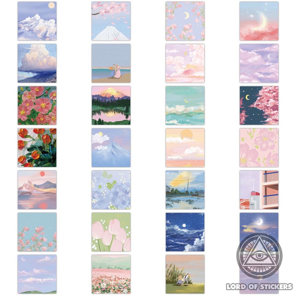 Set 56 Nhãn Dán Tranh Phong Cảnh Sơn Dầu Sticker Chống Thấm Nước Trang Trí Mũ Bảo Hiểm, Laptop, Miếng Dán Sổ Dễ Thương