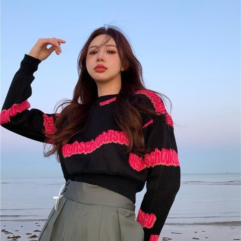 Áo Sweater dệt kim dáng ôm ngắn phong cách Retro Hàn Quốc thời trang mùa thu cho nữ