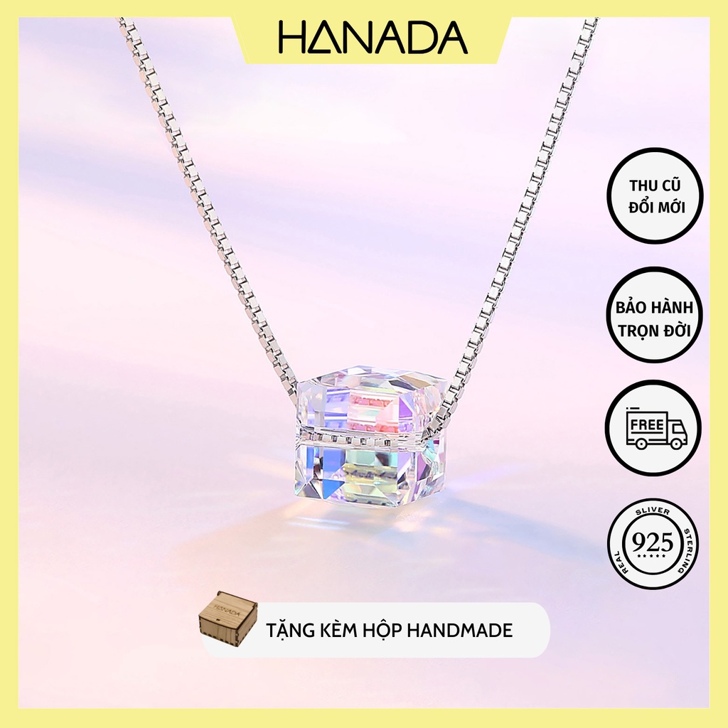 Dây chuyền bạc 925 Pha Lê Swarovski lấp lánh không mờ vòng vổ dây nhuyễn một đá ánh cầu vòng Hanada