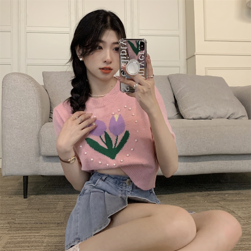 Áo thun dệt kim ZHELIHANGFEI tay ngắn dáng rộng hợp thời trang dễ phối đồ