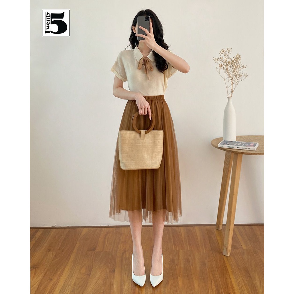 Áo sơ mi nữ cổ đức tay liền buộc nơ cổ Twentyfive M1107