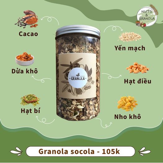 [HÀNG MỚI - 2 VỊ] NGŨ CỐC ĂN KIÊNG GRANOLA KHÔNG ĐƯỜNG 500G (Yến mạch, Hạt bí Ấn Độ, Hạt điều, Nho khô, Dừa khô)