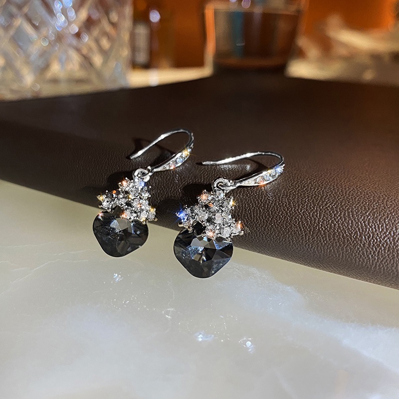 Bông Tai Dáng Dài Hình Trái Tim Đính Đá Màu Xám Thời Trang Cho Nữ 2022