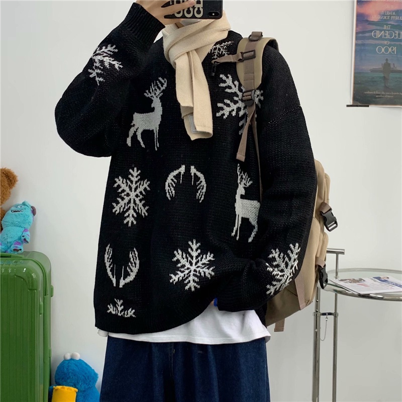 Áo sweater cổ tròn dáng rộng in hình tuần lộc/hoa tuyết giáng sinh phong cách Nhật Bản thời trang cho nam size M-2XL