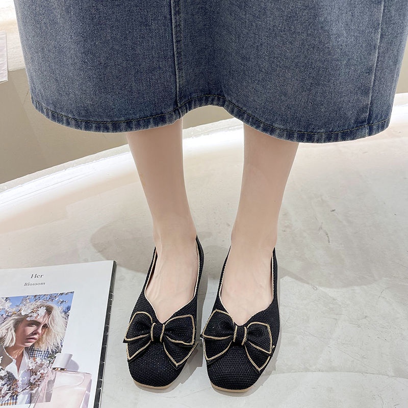 Giày Búp Bê Đế Bằng Miệng Nông Đính Nơ Dễ Phối Đồ Thời Trang Cho Nữ