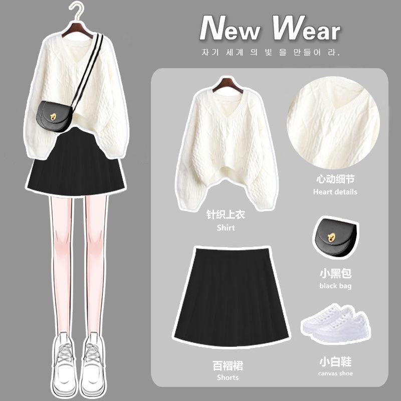 Bộ Áo Sweater Dệt Kim Dáng Ôm Phối Chân Váy Xếp Ly Thời Trang Thu Đông Cho Nữ Plus Size