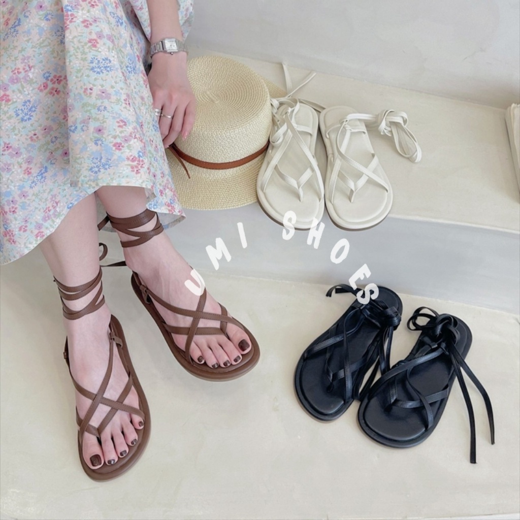 Giày Sandal Nữ Cột Dây Buộc Đế Bằng Dép Quai Hậu Quấn Chiến Binh Hot Mới màu Đen/Trắng đi biển học đẹp xinh